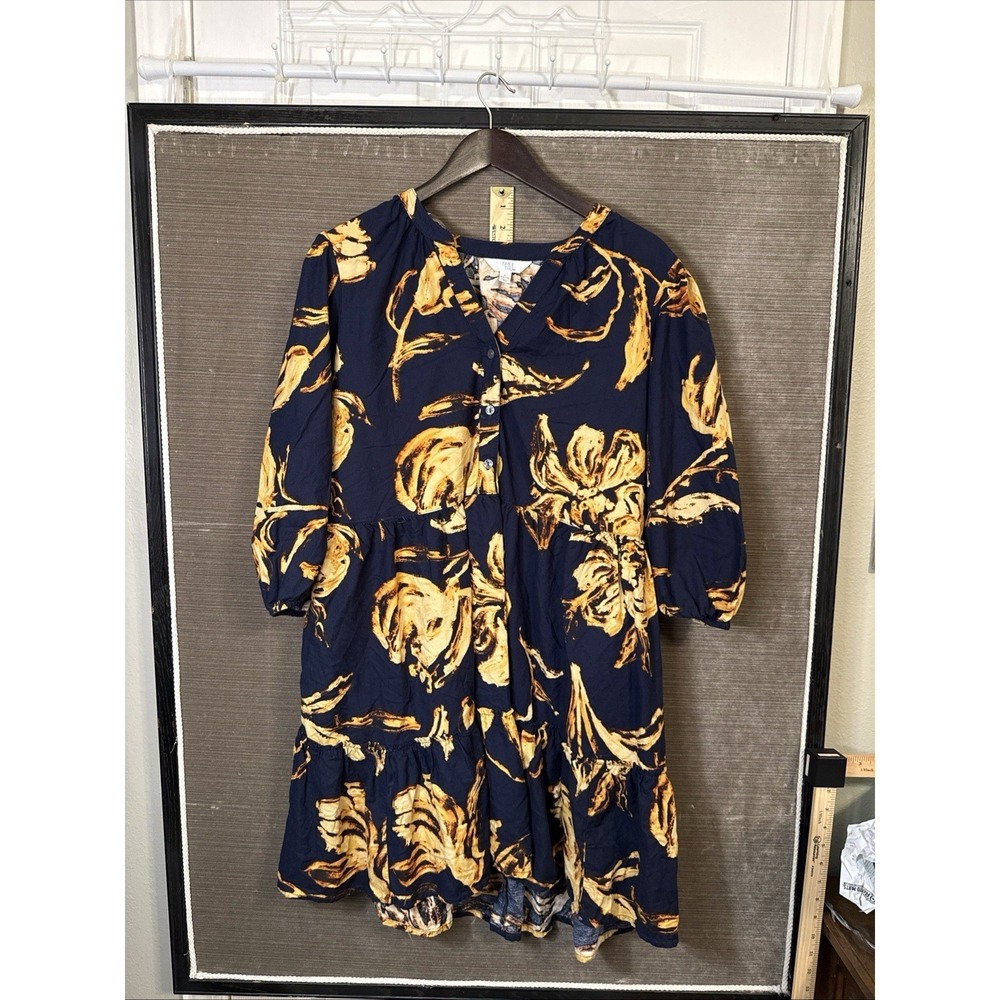 Time And Tru Women's Dress L Navy Gold Boho Festival Cottagecore Belt Missing